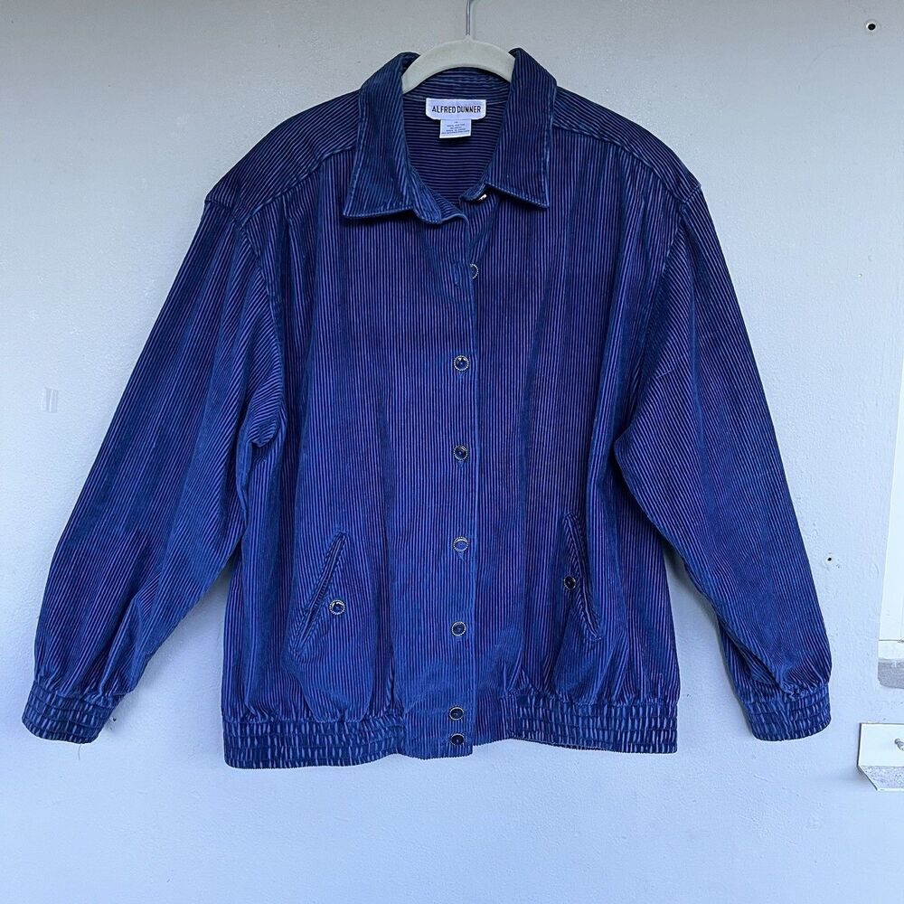 Vintage 90s Alfred Dunner Corduroy Bomber Jacket Women 14 Blue Button Pockets